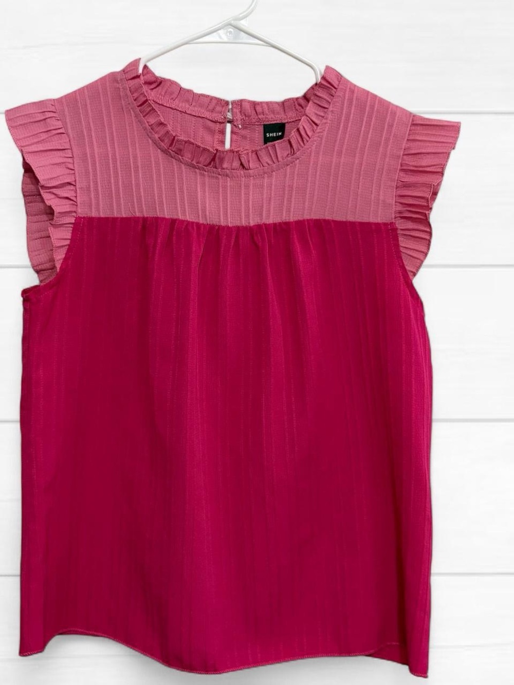 SHEIN Women’s Pink Two-Tone Ruffle Cap Sleeve Shirt - Small